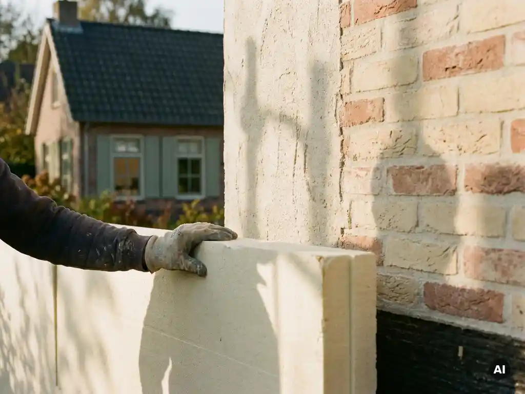 Vakman in handschoenen drukt isolatiepanelen tegen een gepleisterde Nederlandse bakstenen gevel in warm middagzonlicht.