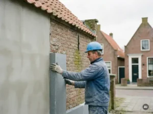 Vakman die isolatiepanelen aanbrengt op bakstenen gevel, met glad grijs stucwerk op afgewerkt gedeelte, Nederlandse woonstraat op achtergrond.