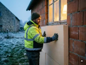 Vakman die isolatiepanelen aanbrengt op bakstenen gevel, warm goudgeel licht vanuit ramen contrasteert met koele buitenlucht.
