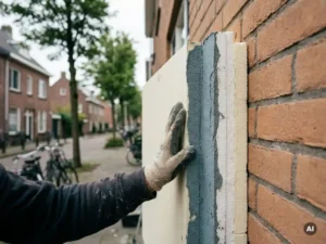 Gehandschoende hand die een dik isolatiepaneel tegen een bakstenen buitenmuur drukt, met zichtbare doorsnede en wazige Nederlandse straat op de achtergrond.