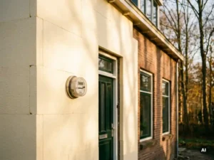 Nederlandsche bakstenen woning met nieuw aangebrachte gevelisolatiepanelen, energiemeter en warme herfstbelichting.