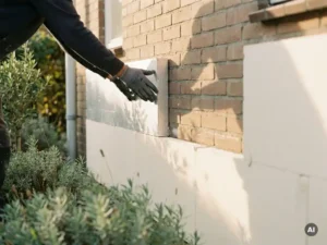 Vakman drukt isolatieplaat tegen gemetselde gevel tijdens buitengevelisolatie van Nederlandse woning in middagzon.