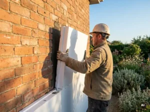 Vakman die witte isolatiepanelen aanbrengt op bakstenen gevel, groene tuin en blauwe lucht op de achtergrond.