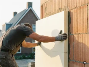 Vakman die isolatieplaat aanbrengt op bakstenen buitenmuur van Nederlandse woning, gevelisolatie bij daglicht.