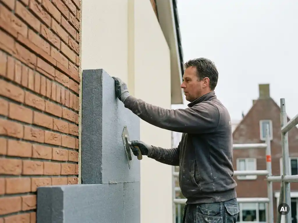 Vakman die isolatiepanelen aanbrengt op de gevel van een Nederlandse bakstenen woning, met spatel en vers gepleisterde beige afwerklaag.