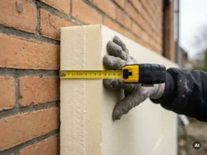 Gehandschoende hand die een stijf isolatiepaneel tegen een bakstenen gevel drukt, meetlint toont nauwkeurige dikte.