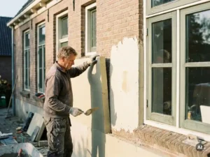Vakman brengt isolatiepanelen aan op de buitengevel van een Nederlandse bakstenen woning met witte bepleistering.