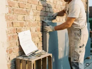 Vakman die isolatiepanelen aanbrengt op bakstenen gevel, met subsidiedocument tegen de muur, in warm middaglicht.