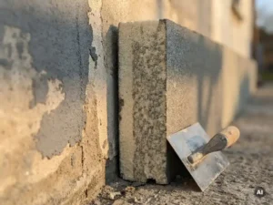 Dikke doorsnede van een isolatiepaneel met schuimkern tegen een gestructureerde gevelwand, met een pleisterspatel ernaast in warm middaglicht.